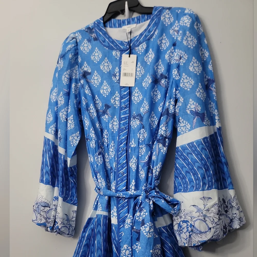A Loves A Border Print Mandarin Collar Long Balloon Sleeve A-Line Maxi Dress - Picture 2 of 9